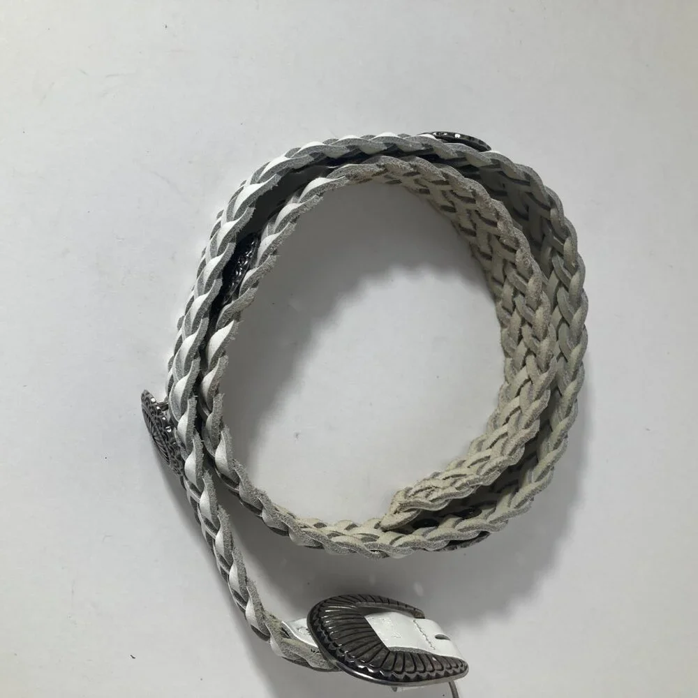 Womens Braided Leather Belt‎ Conch Medallions White Silver S Flaw
